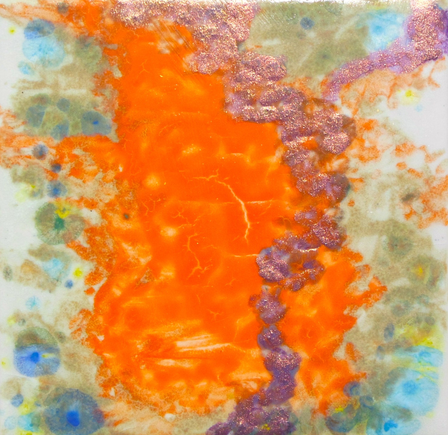 Orange, Violet Gold Abstract Hand Painted Porcelain Tile  6"x6" by New York artist Joan Reese