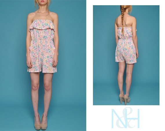 Vintage 90's Strapless Floral Romper with Side Pockets
