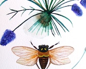 Cicada Lavender Insect Flowers Original Painting Watercolor Ink Drawing Purple Botanical Nature Animal Provence Decor Still Life Insect
