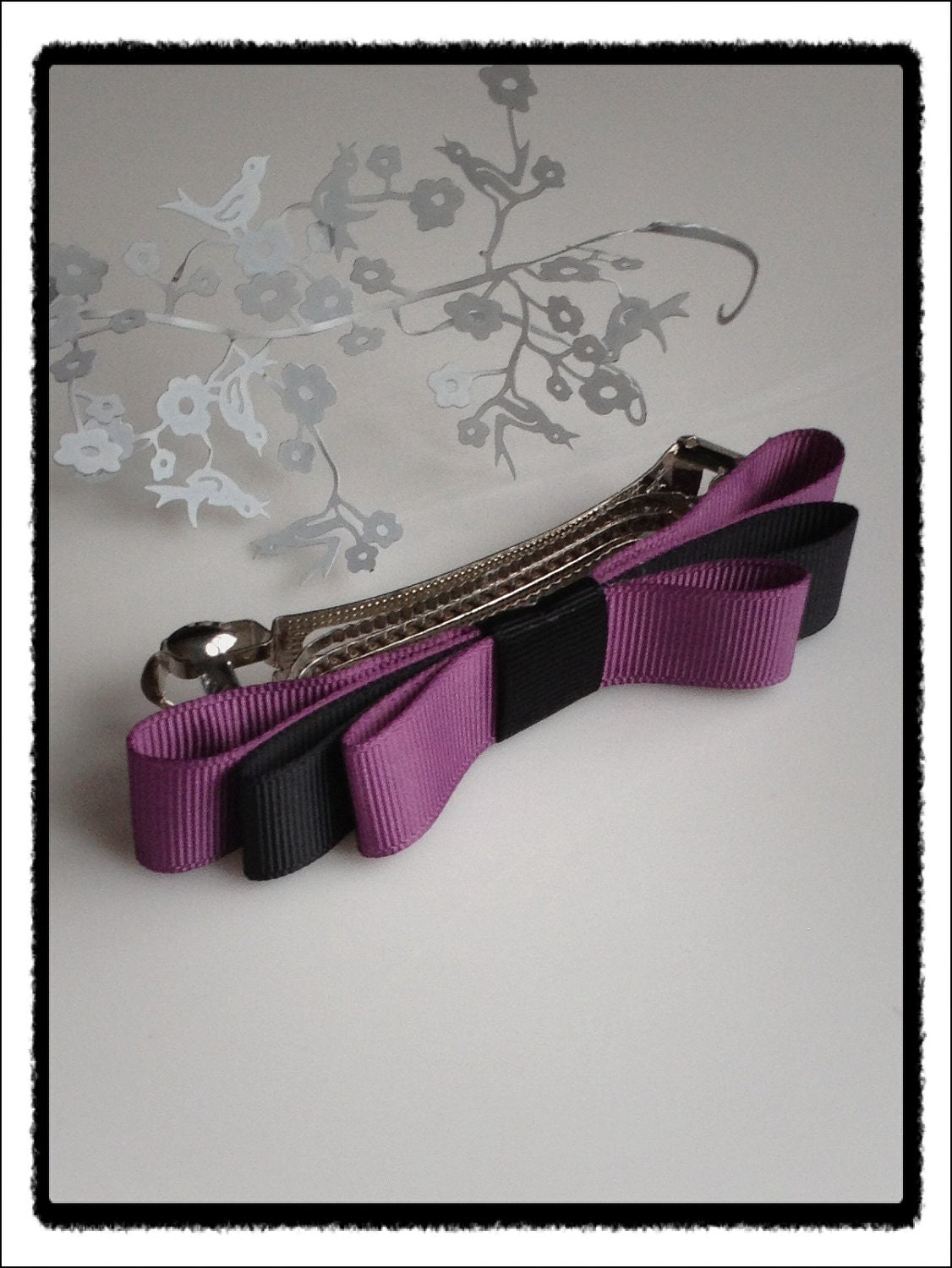Purple and black triple bows large hair clip.  