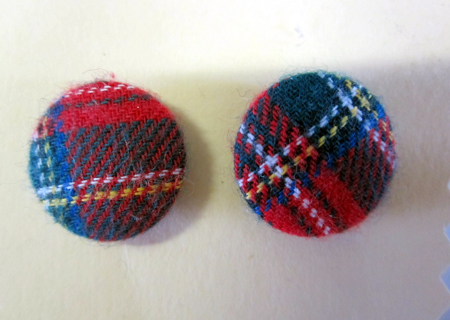 Fabric Covered Button Earrings Hand Made Tartan Fabric