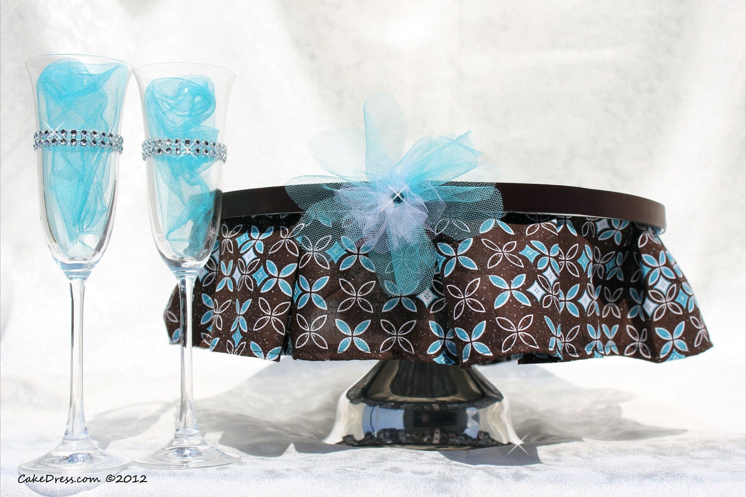 Cake Stand and Removable Cake Dress--Elegant Brown and Blue