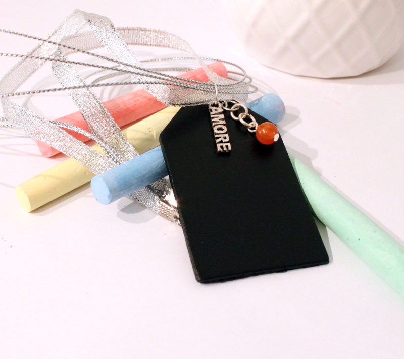 Amore Chalkboard Necklace Love in French Chalkboard Jewelry Amber Charm Necklace Writable Surface