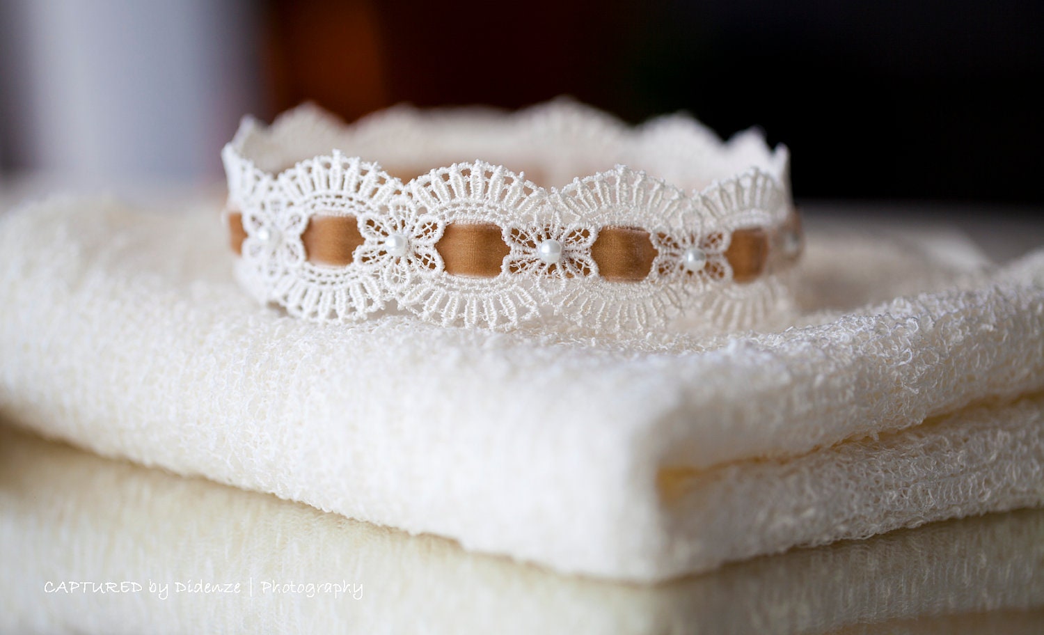 Newborn Knit Stretch Wrap and Headband Set, Baby Photo Prop, Off-White Wrap And Beaded Lace Tieback Set, Baby Girl Wrap and Headband Set