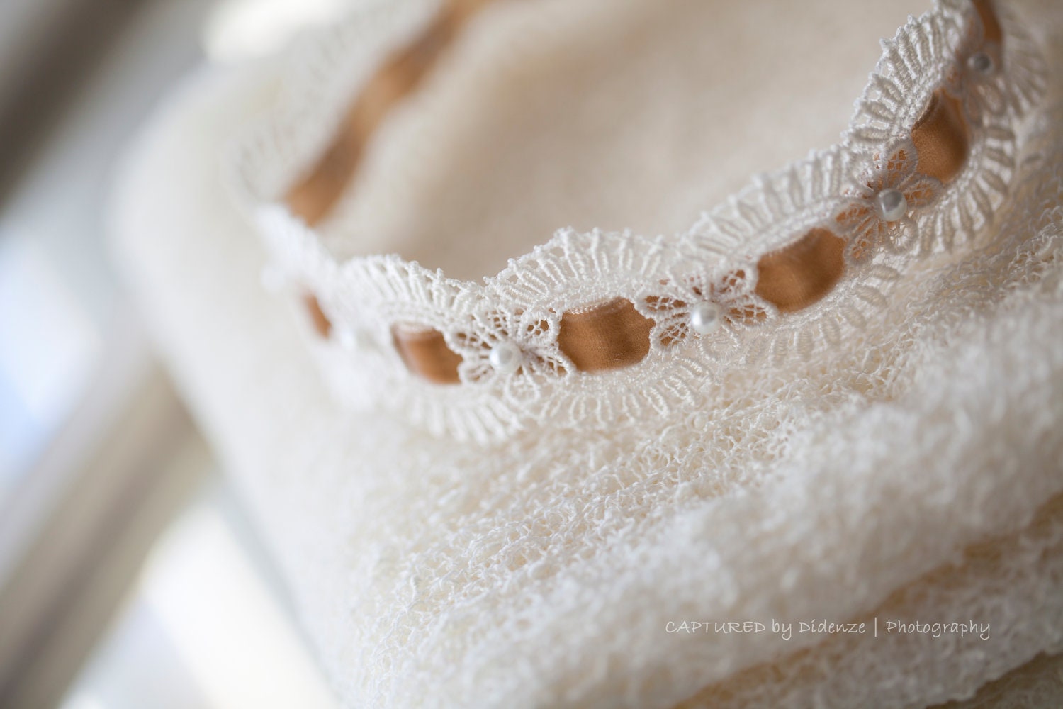 Newborn Knit Stretch Wrap and Headband Set, Baby Photo Prop, Off-White Wrap And Beaded Lace Tieback Set, Baby Girl Wrap and Headband Set