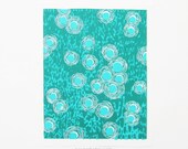 emerald pond -- hand-printed linocut, 8x10 -- green jade, turquoise, block print, printmaking, nature art, blue, home decor