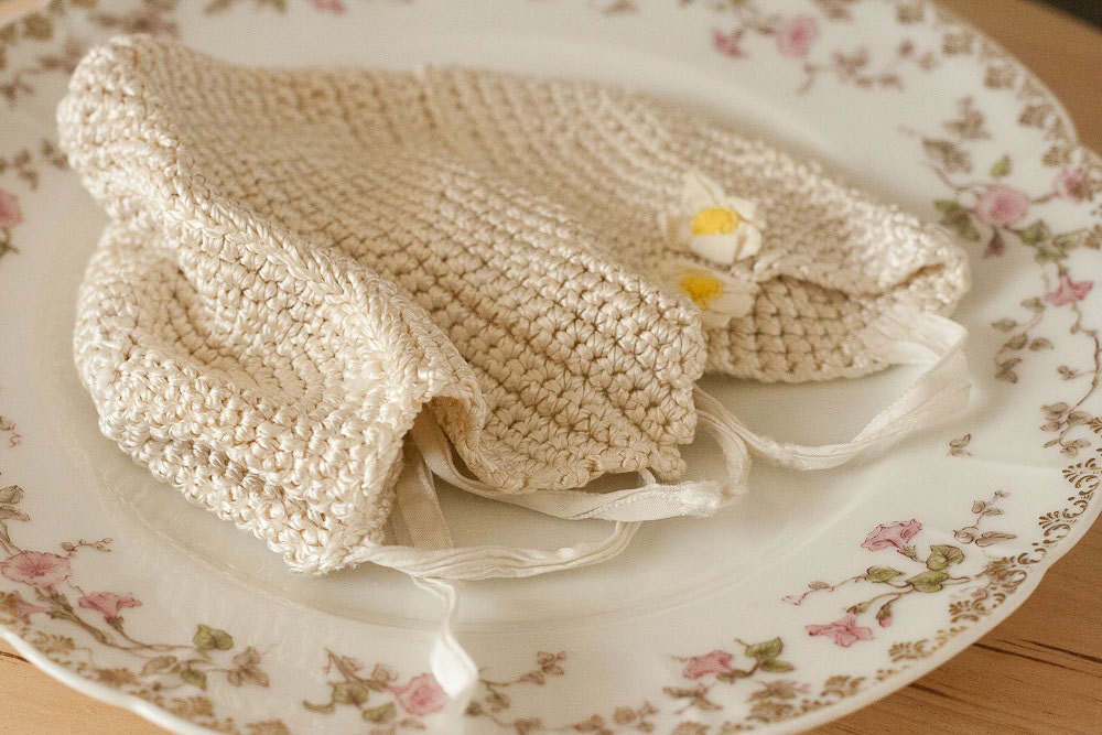 Vintage 1930s 1940s Silken Crochet Baby Bonnet from France - Ivory with yellow flowers- Newborn Gift - Photo Prop