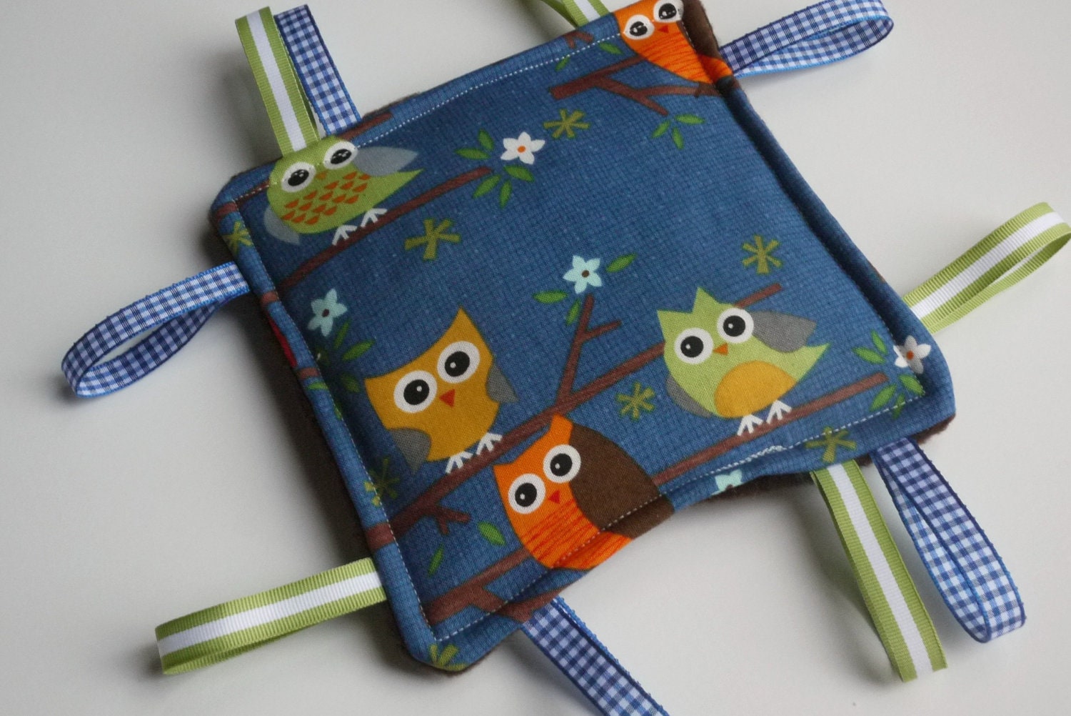 Tag Toy - Baby Taggie - Baby Crinkle Toy - Teething, Stroller Toy - Blue with Owls