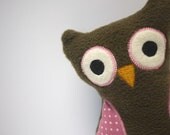 Stuffed Fleece Owl - Handmade Baby Toy - Brown with Pink Polka Dot - Owl Stuffie - Owl Plush