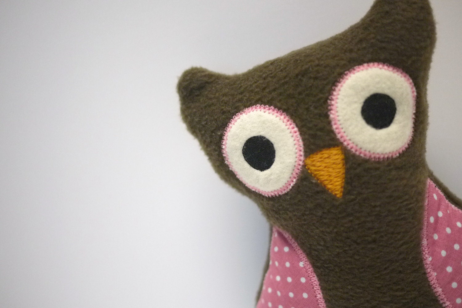 Stuffed Fleece Owl - Handmade Baby Toy - Brown with Pink Polka Dot - Owl Stuffie - Owl Plush