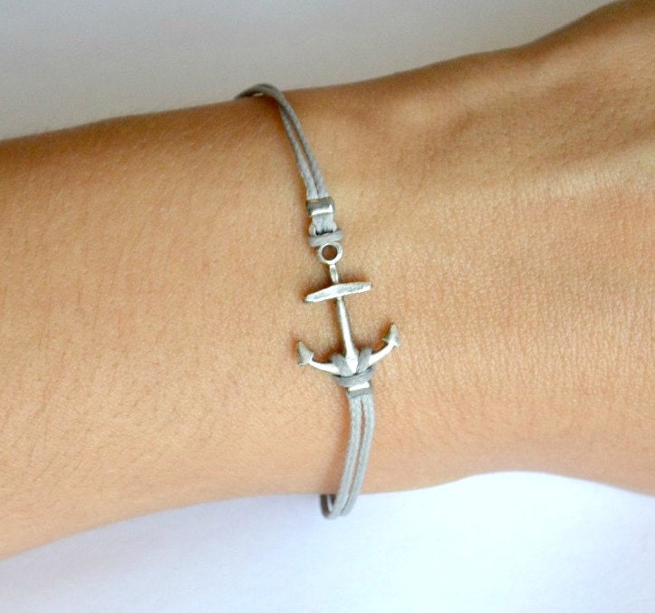 Anchor Bracelet - cord bracelet with a silver plated anchor charm - gray string. dainty bracelet, minimalist jewelry, nautical jewelry