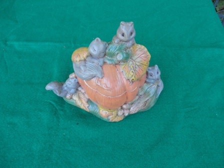 Vintage Fall Candy Dish Pumpkin Squirrels Foliage Hand Made Ceramic