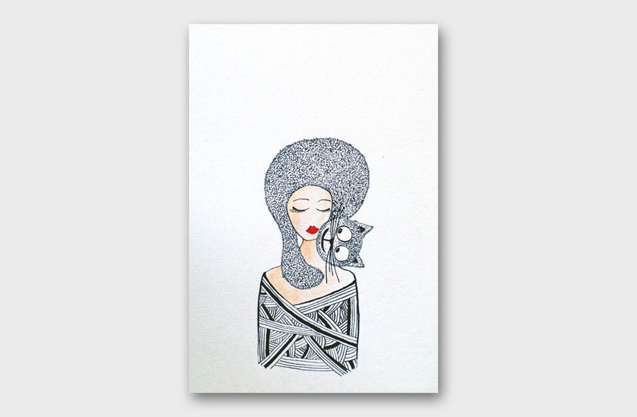 Ink art woman and cat Original black and white painting Home decor Wall art Animal art Original illustration Fine Art