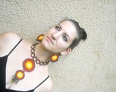Textile jewelry, crochet necklace and beaded earring, colored cotton, handmade OOAK