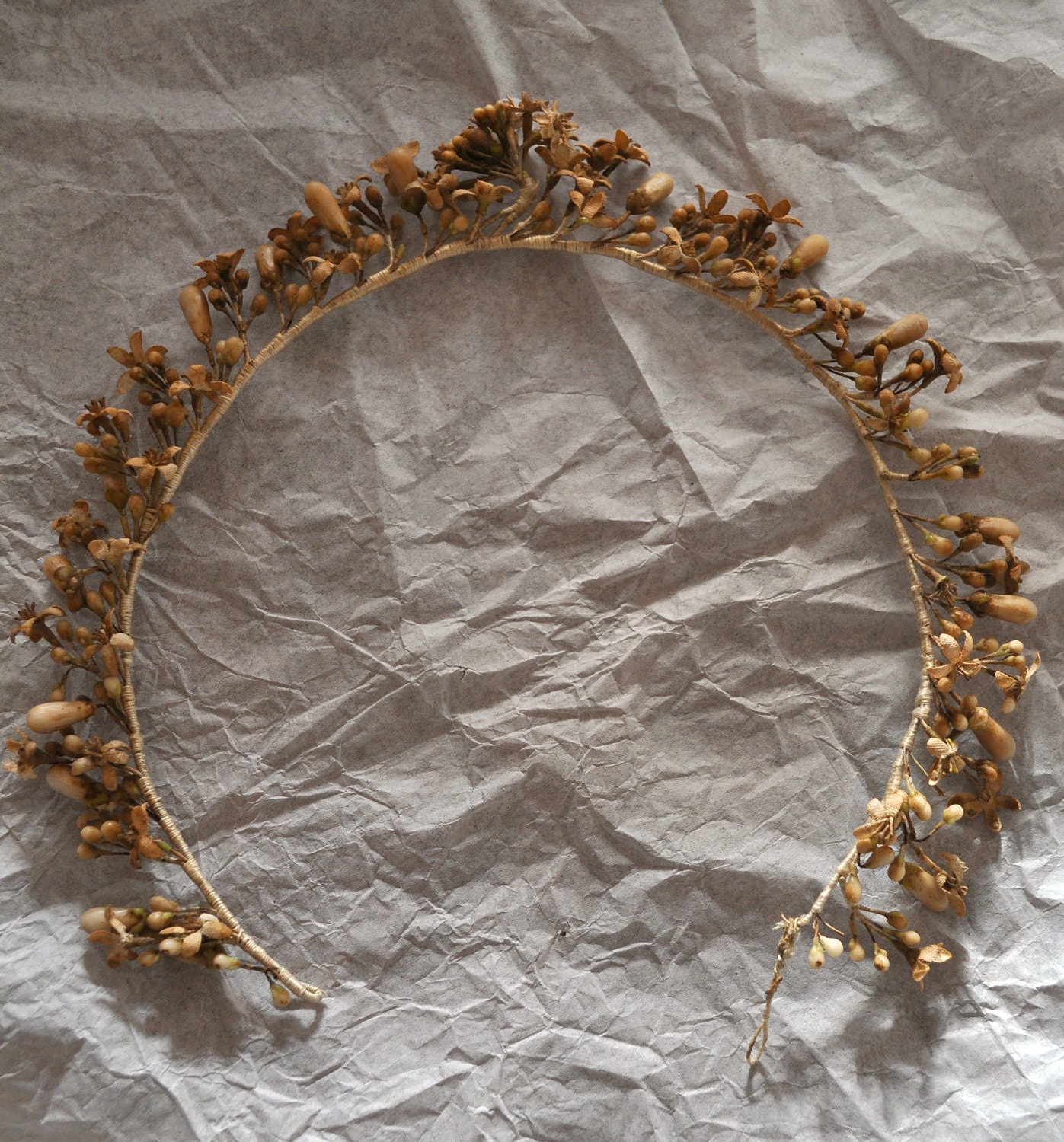 1920s Antique FRENCH ivory beige WAX buds flowers GARLAND Victorian headdress hair tiara wreath crown Wedding Art Deco Flapper Bridal Wiccan