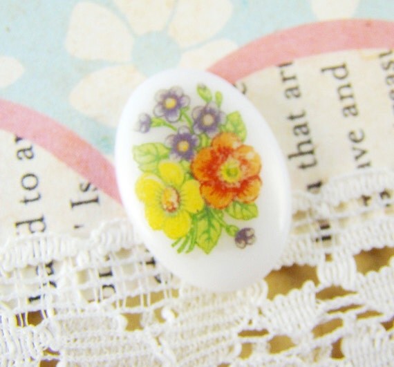 Vintage Limoges Style Oval Flower Floral Glass Cabochons 18x13mm (4)