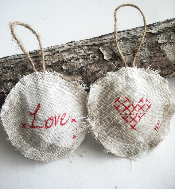 Decorazioni di Natale: amore (set di 2) Shabby chic, rustico di natale, robusti, decorazioni per l'albero di Natale, ornamenti