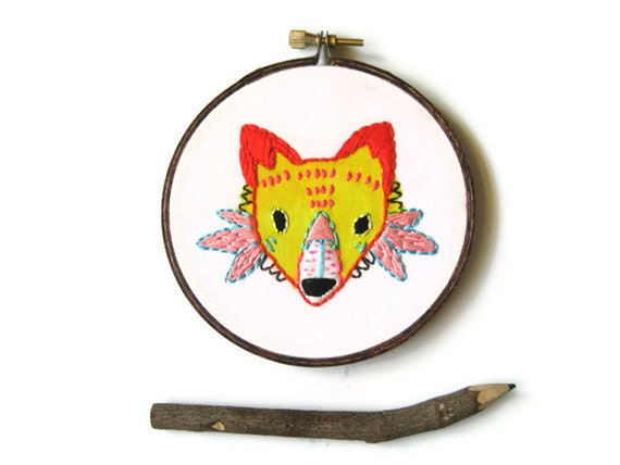 Fox Hoop Art : Summertime Fox Hand Embroidered Hoop Art (with MountRoyalMint) - Bright Yellow Orange Autumn Home Decor