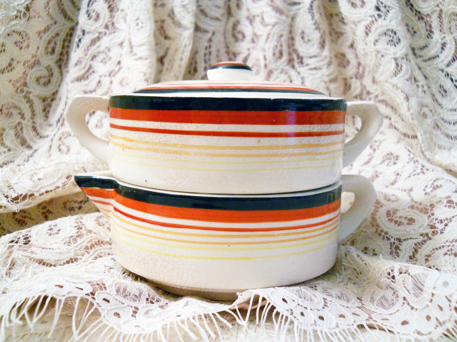Stackable Japanese Gradating Striped Sugar Bowl and Creamer
