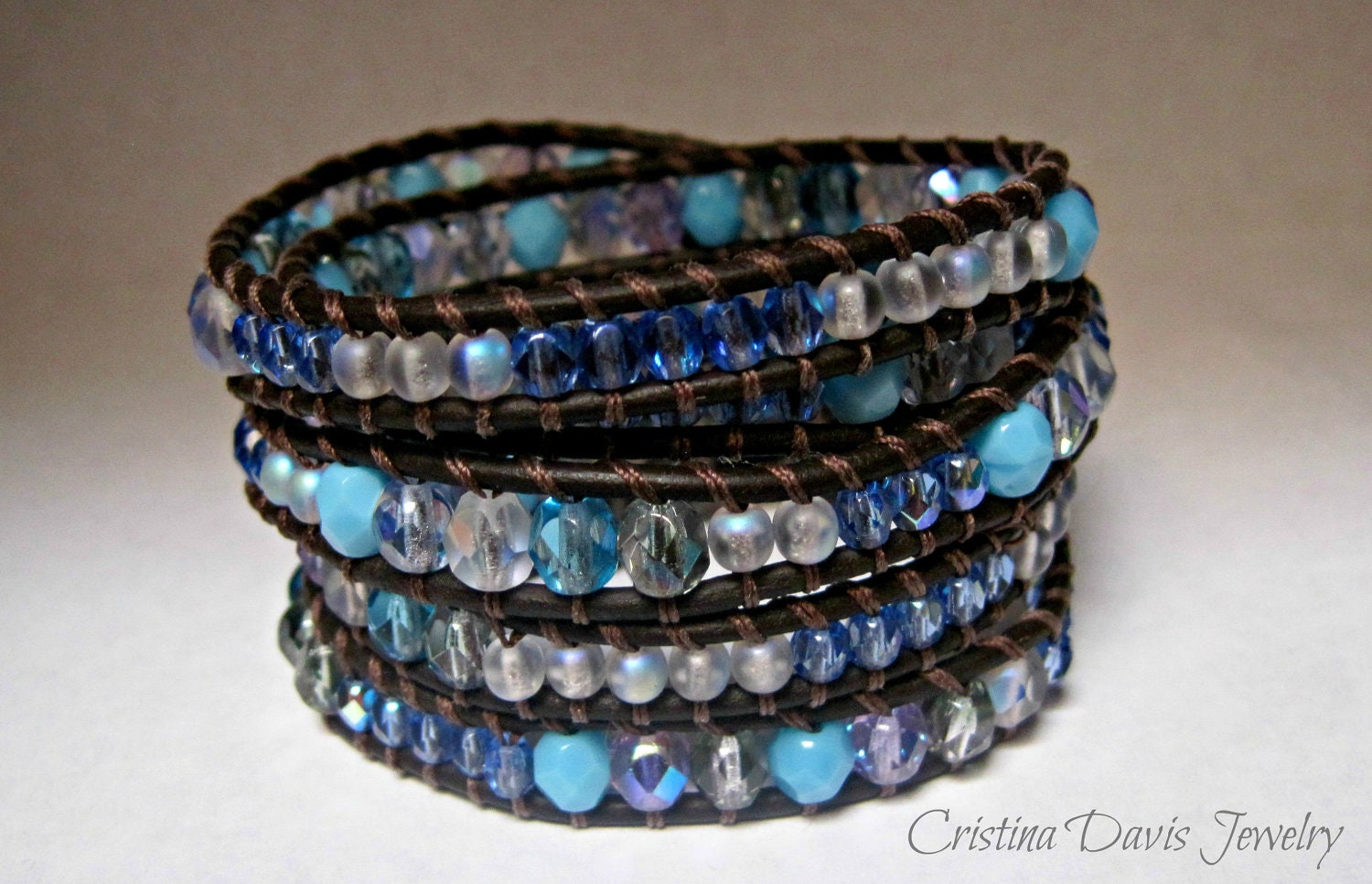 Beaded Leather Wrap Bracelet, Chan Luu Style, Serenity Blue Mix, Bohemian Chic, Five Wrap Trendy jewelry