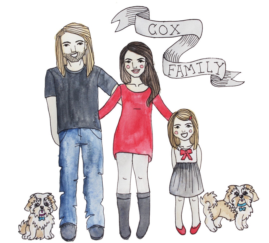 Custom water color family portrait, 4 people or less, watercolor illustration, 11x14 original artwork