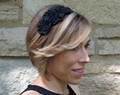 Adult Headband - Black Shantung Silk Trio Rosette Headband For Women and Girls