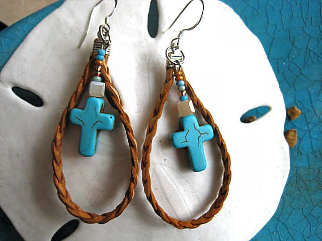 CowGirl Up BoHo Chic Braided Leather Hoop Sterling 925 Earrings Turquoise Cross Beaded Honesty Jewelry