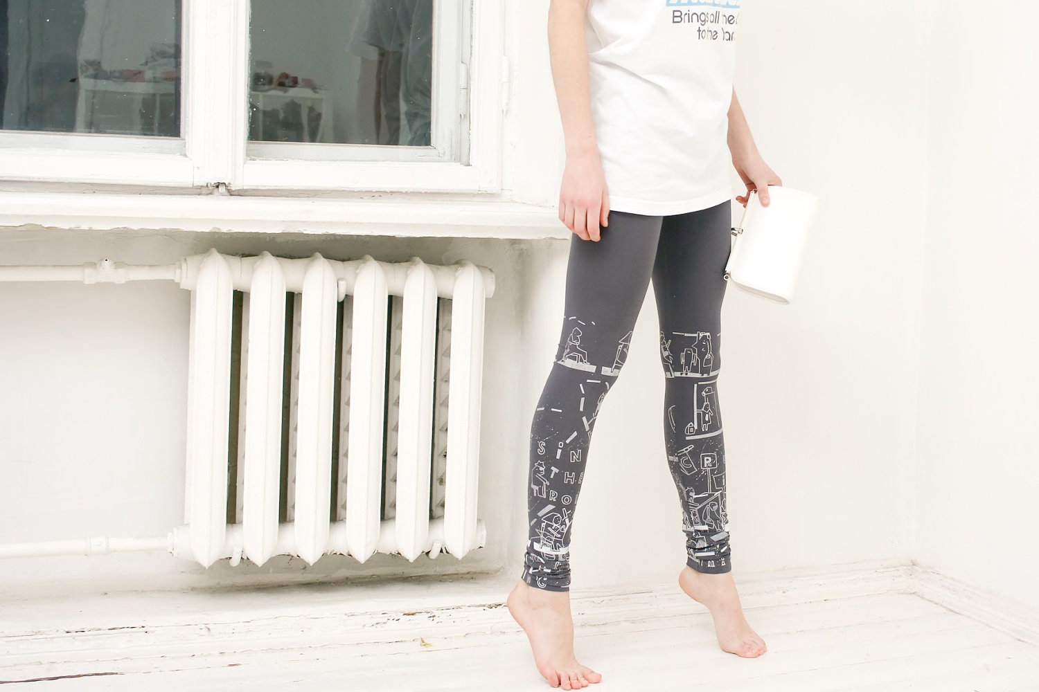 Cruising in the trolley- gray leggings with silver/ white print