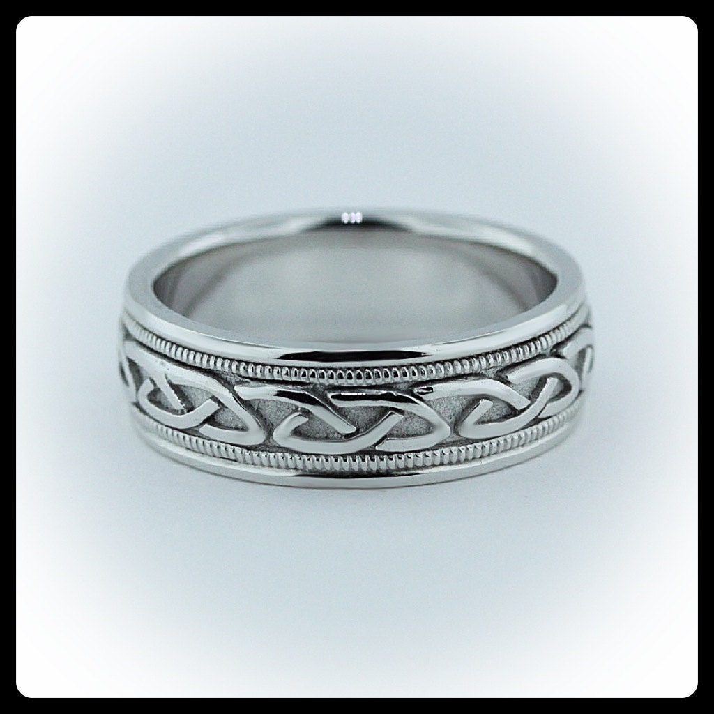 14k Men's Wedding Band Custom Bridal Jewelry White Gold Yellow Gold Platinum Two Tone Available Hand Carved Celtic Knot