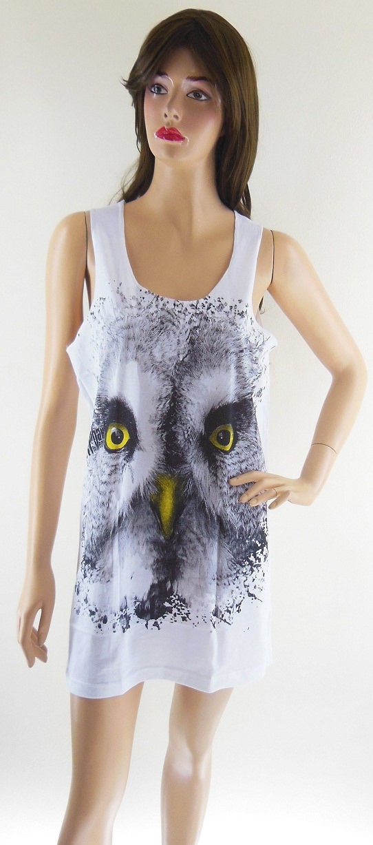 Owl Yellow Eyes Animal Style Owl Tank Top White T-Shirt Screen Print Size M
