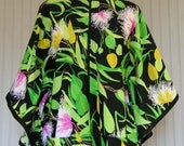 SALE Vintage 1970s Poncho-Silky Butterfly Sleeve Top-Bright Tropical Flowers-Lime Yellow Pink Floral-Elegant Blouse-Spring Blouse