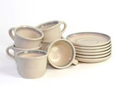 Pfaltzgraff Cup & Saucer Set - 12 Pieces, Beige, Pink and Blue Coffee Mugs with Matching Plates - Vintage Home Kitchen Serving
