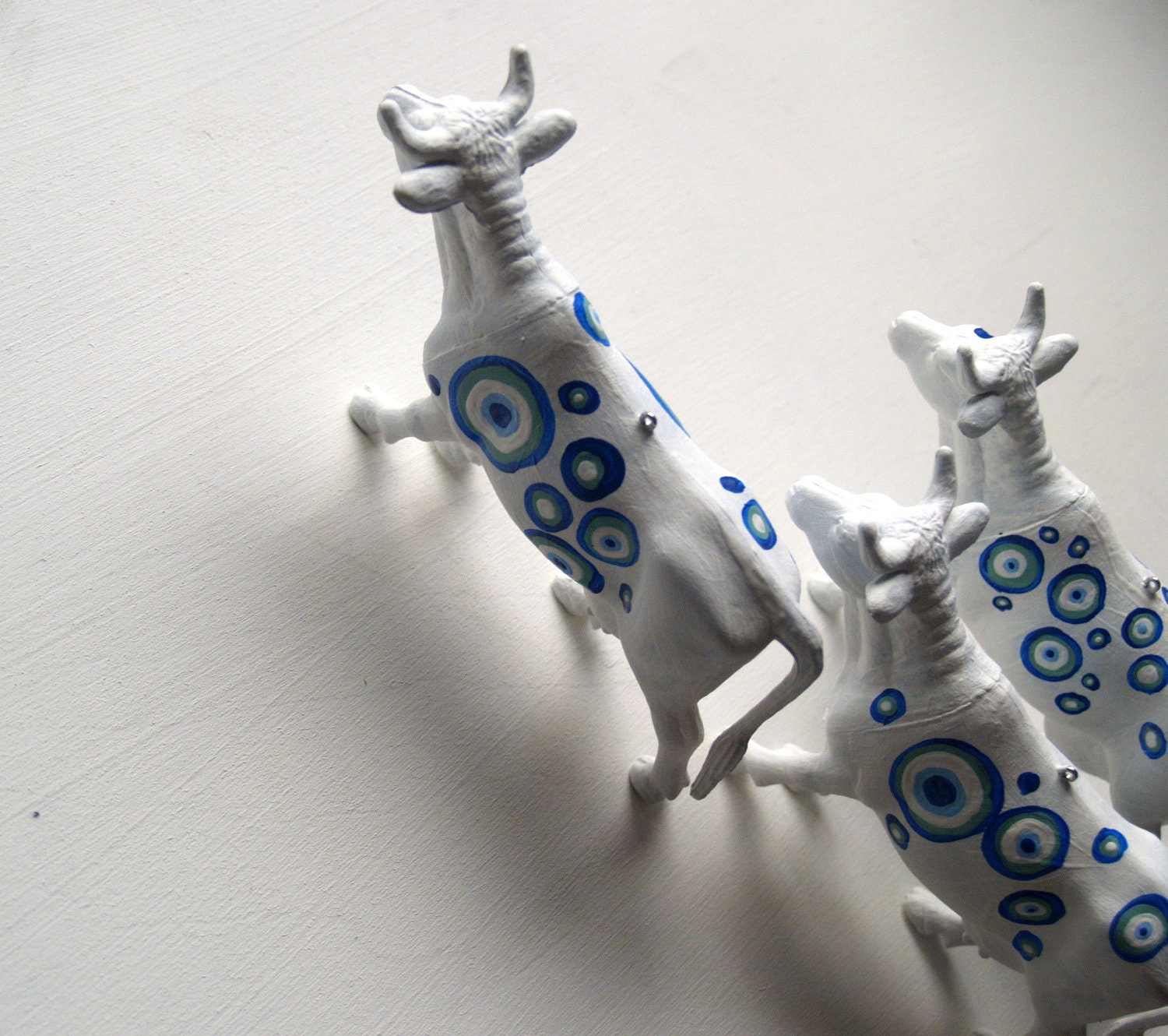 Unique Blue Spotted Cow  Animal Ornament, Set of Three, Recycled Toy Decoration - EarlyMorningProjects