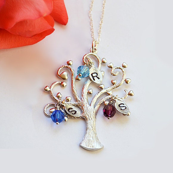 Personalized Custom birthstone crystals Family Tree Charm Necklace Silver or Gold, Initial , mom, grandma, birthday gift, freshwater pearl