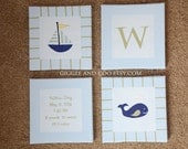 Nautical Nursery Painting, 4 Canvas Piece, Sailboat, Whale, Initial, custom colors and sizes available, Nursery Art, Original Painting