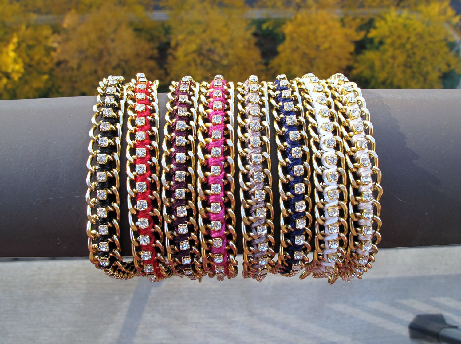 Chain & Rhinestone Bracelet - Dark Burgindy Red and Gold Woven