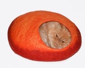 Size M Cat Bed, Cave, Pets House orange with red, cats house wool handmade, bright neon