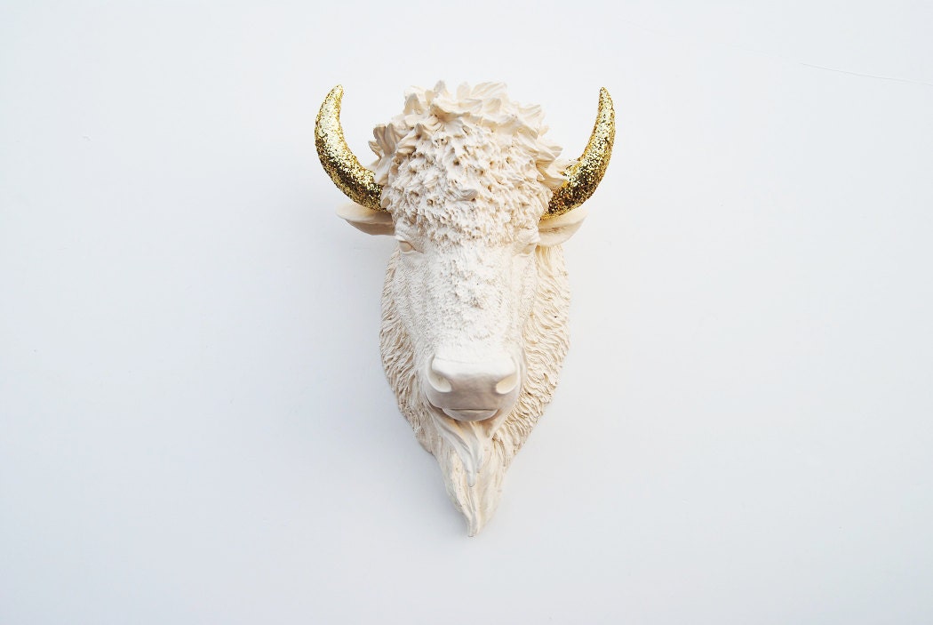 Faux Bison - The Kersey - Antique White Resin Bison Head w/Gold Glitter Horns- Buffalo Resin Antique White Faux Taxidermy- Chic & Trendy