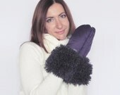 Vegan Mittens Winter Mittens Gloves Eggplant Violet Dark Purple Plum Mittens Gloves with the Dark Grey Purple Violet Vegan Lama Faux Fur