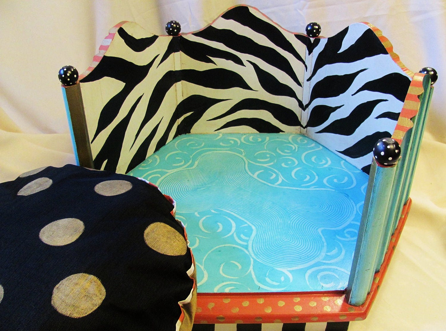 Functional Art One of a Kind hand painted round dog bed and painted cushion Animal Print, Zebra, Turquoise, Gold
