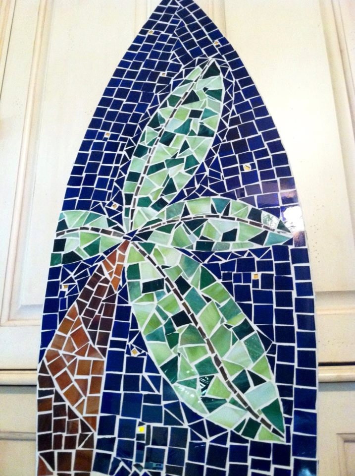 Stained Glass Mosaic Surfboard 5ft Wall Art on Wood Base. Made to Order - Palm Tree, Sand and Sky