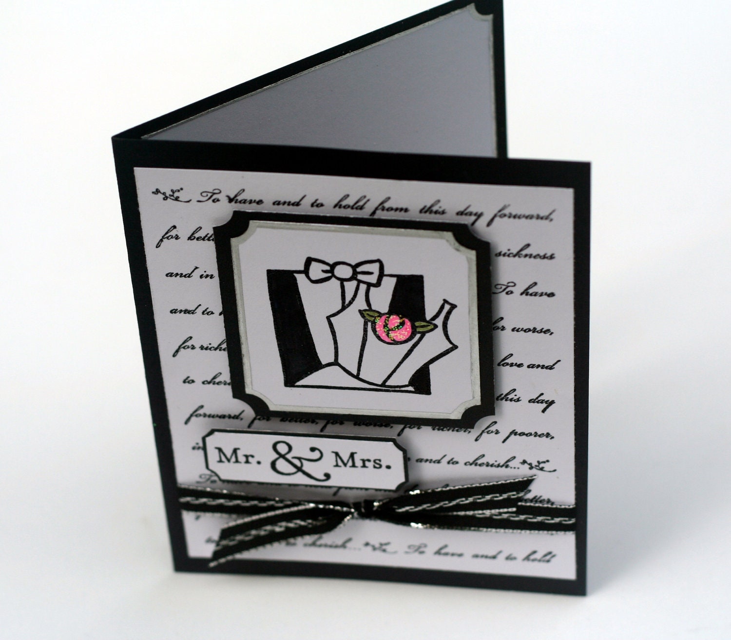 wedding card, wedding congratulations, black and white wedding vows Mr. & Mrs., Pink Rose, tux, dress, bride groom