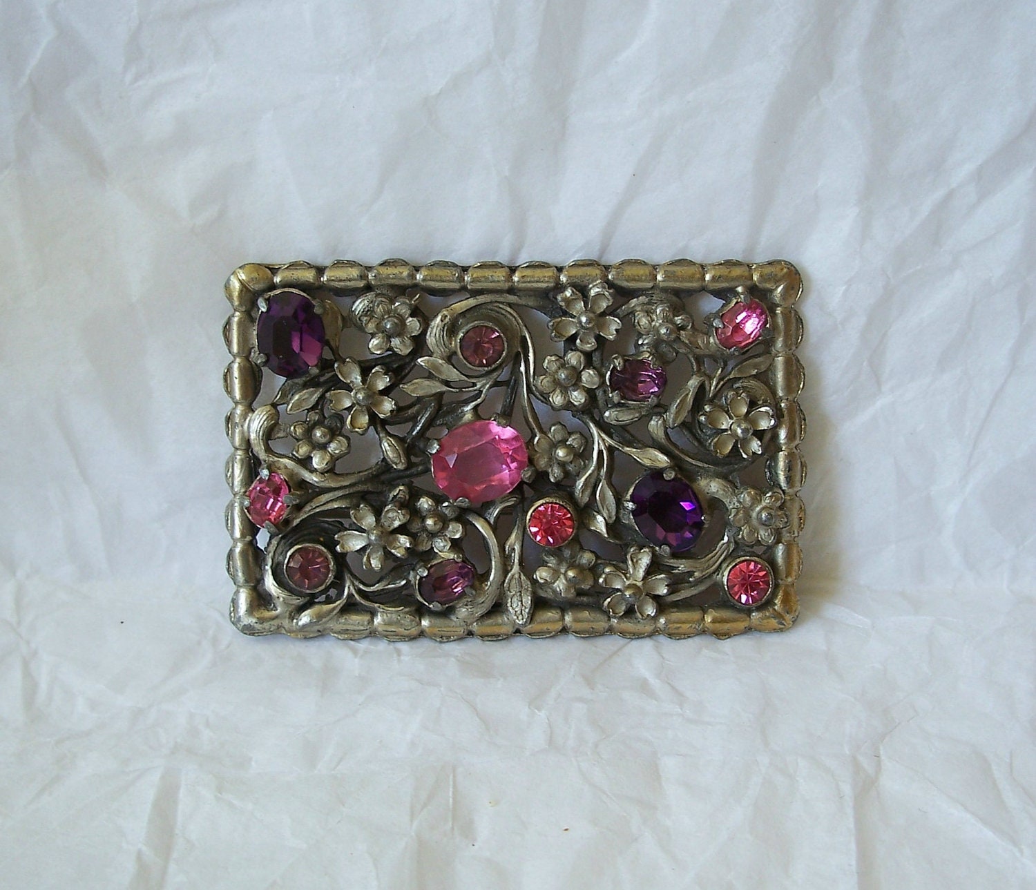 Huge Pewter Colored Brooch Pin with Pink and Amethyst Rhinestones