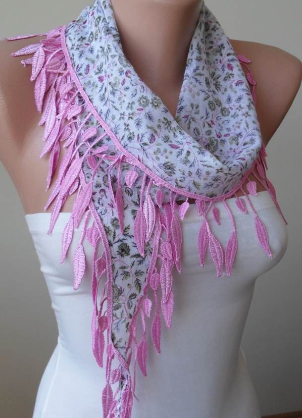 On Sale - Lightweight - Light Pink and White Flowered Scarf with Pink Trim Edge