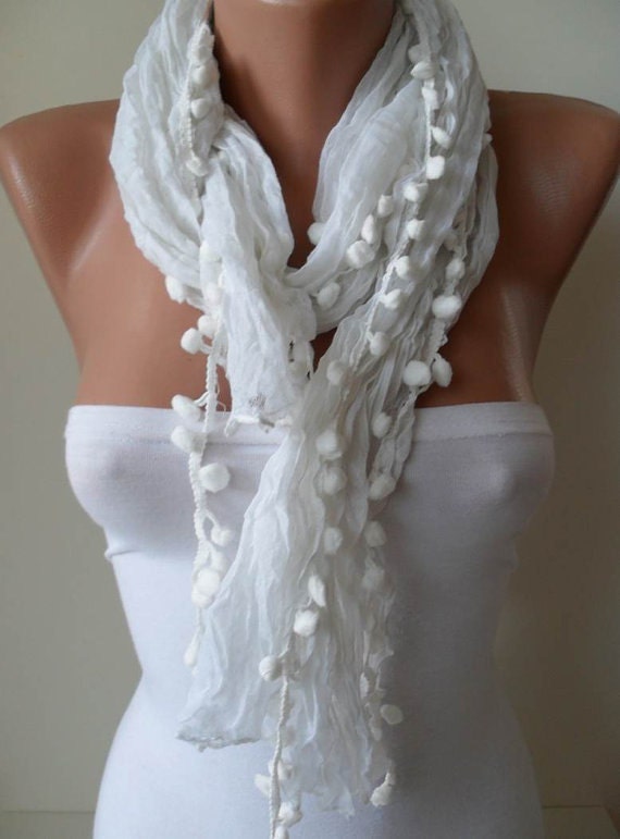 White Cotton Scarf with Pompom Trim
