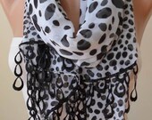 Gift Scarf - New - Black and White - Silk - Chiffon Dalmatian Scarf with Black Trim Edge - Polka Dot