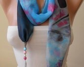 Necklace Scarf - Blue - Dark Blue and Pink Chiffon Fabric - with Beads and Chain