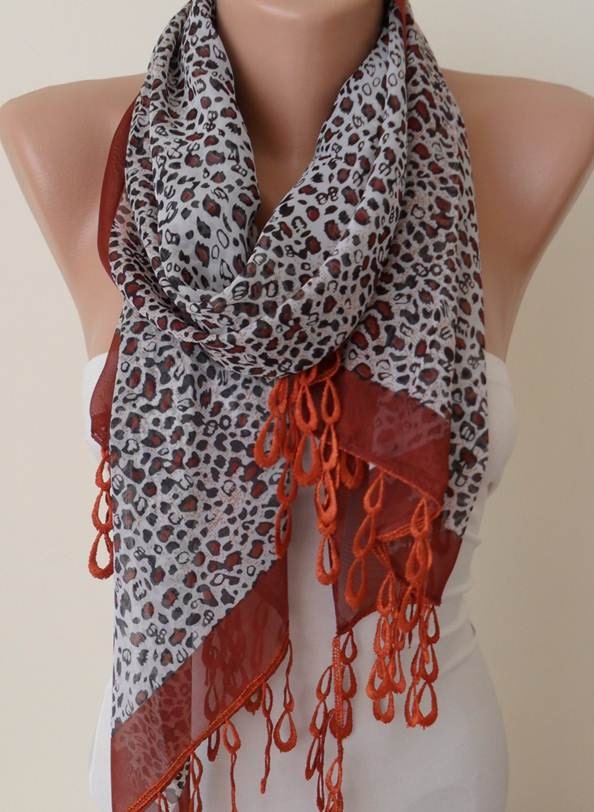 Brown - Silk/Chiffon Scarf with Pink Trim Edge