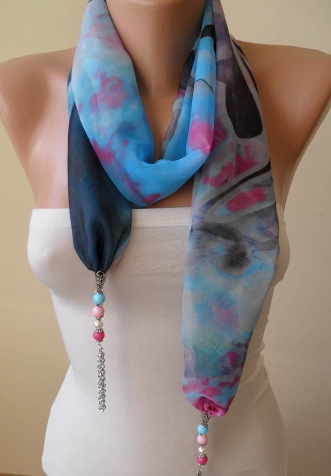 Necklace Scarf - Blue - Dark Blue and Pink Chiffon Fabric - with Beads and Chain