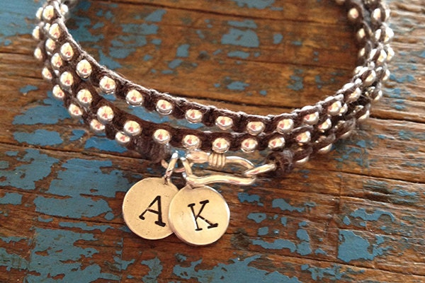 Personalized Initial Charm Wrap Bracelet - Thai Silver Charm, Waxed Irish Linen with Sterling Silver Beads and Thai Silver Clasp